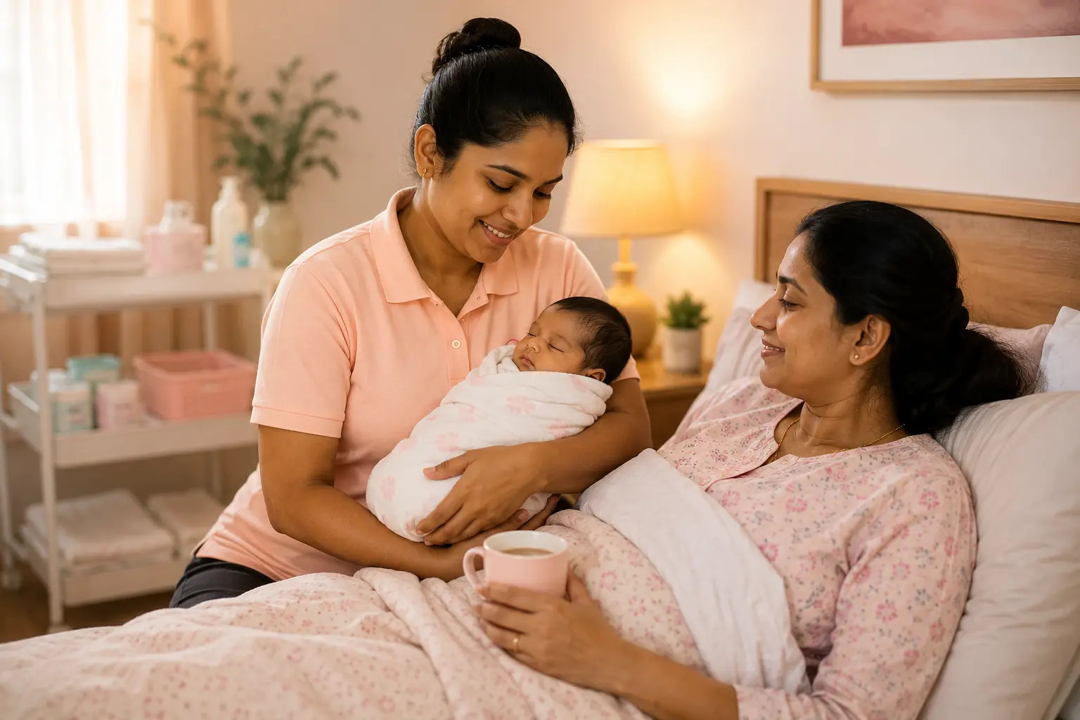 Japa maid supporting a new mother and newborn during the first 40 days in Bangalore