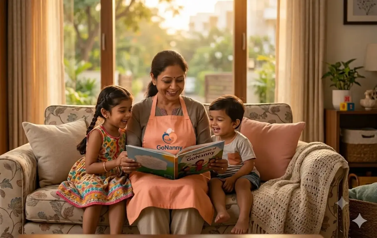 Nanny caring for a toddler at home while a parent works from home in Bangalore